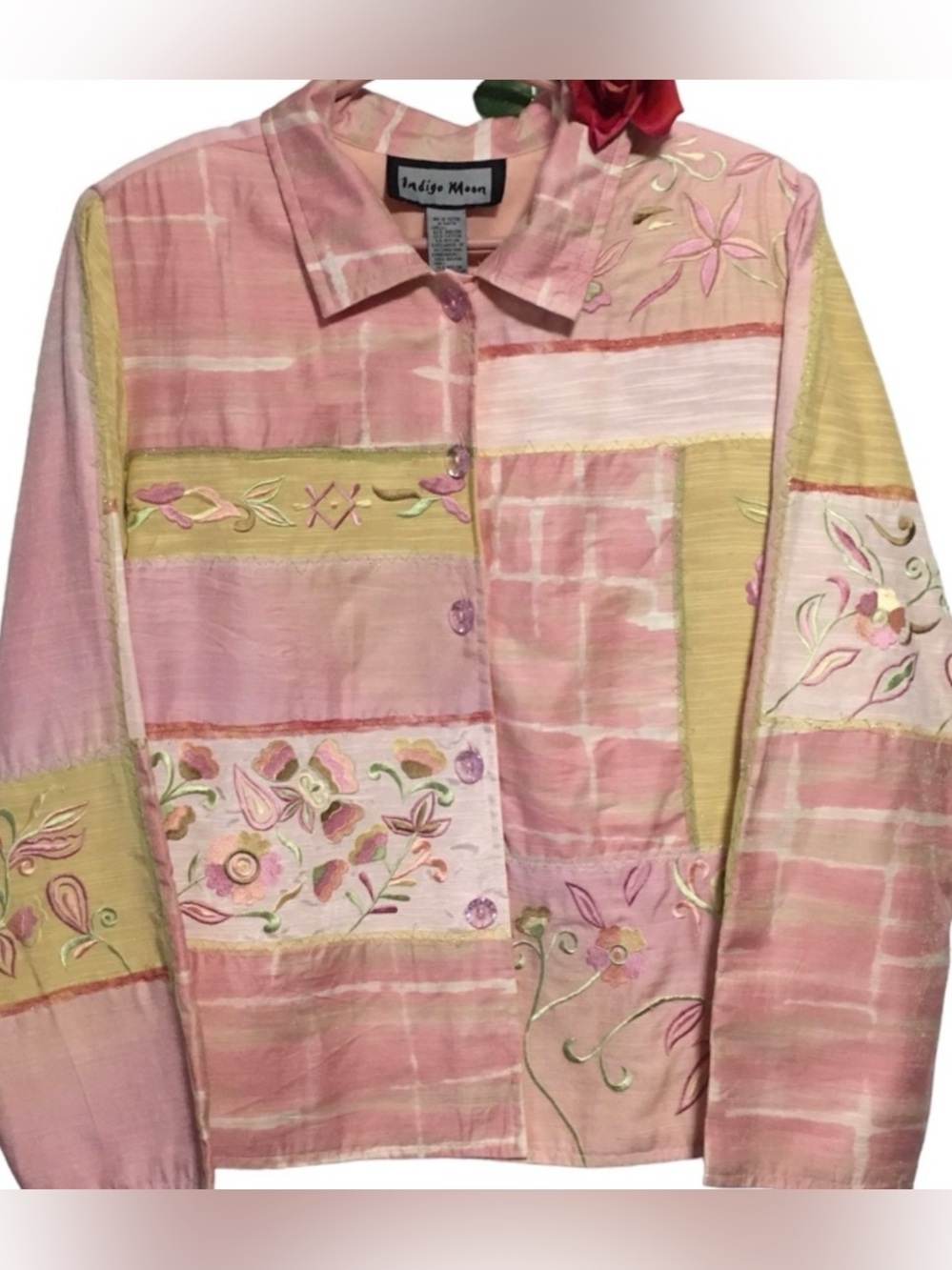 VTG NWT Indigo Moon Pastel Patchwork Embroidered Floral Shacket Jacket LG